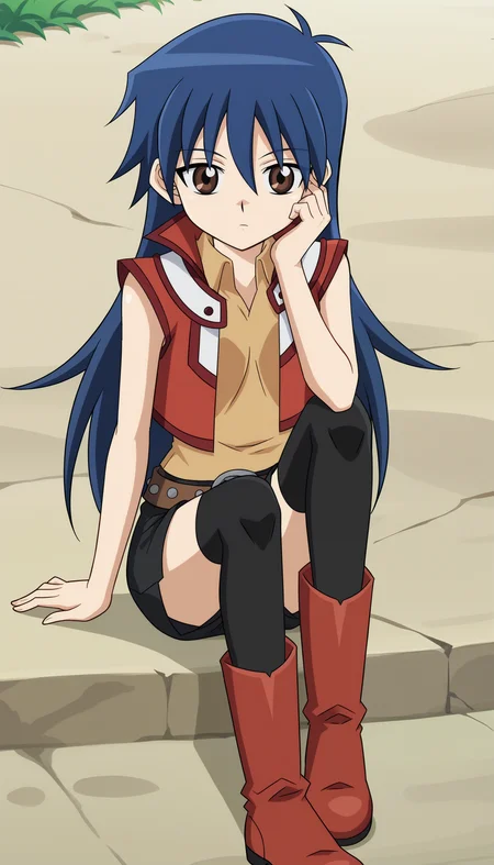 outdoors,
 <lora:BlairSDXL_1:1>,blairf, 1girl,solo, long hair, blue hair, sleeveless jacket, sleeveless shirt, brown eyes, jitome,bored, brown belt, hair between eyes, looking at viewer, black thighhighs, black shorts,skinny, sitting, hand on own face, arm support, from above, knee up, red footwear, knee boots, 
anime screencap, official art, anime coloring,