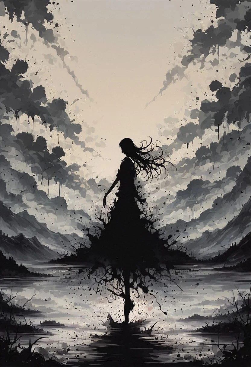 score_9, score_8_up, score_7_up, score_6_up, source_anime, ink splats, 1girl, silhouette, long hair, wind, mountains, clouds, river, valley, black hole