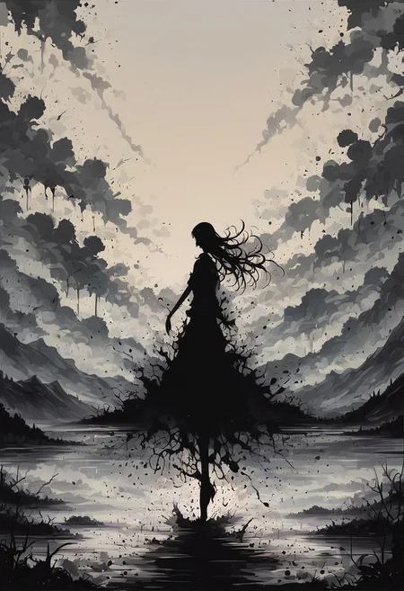 score_9, score_8_up, score_7_up, score_6_up, source_anime, ink splats, 1girl, silhouette, long hair, wind, mountains, clouds, river, valley, black hole