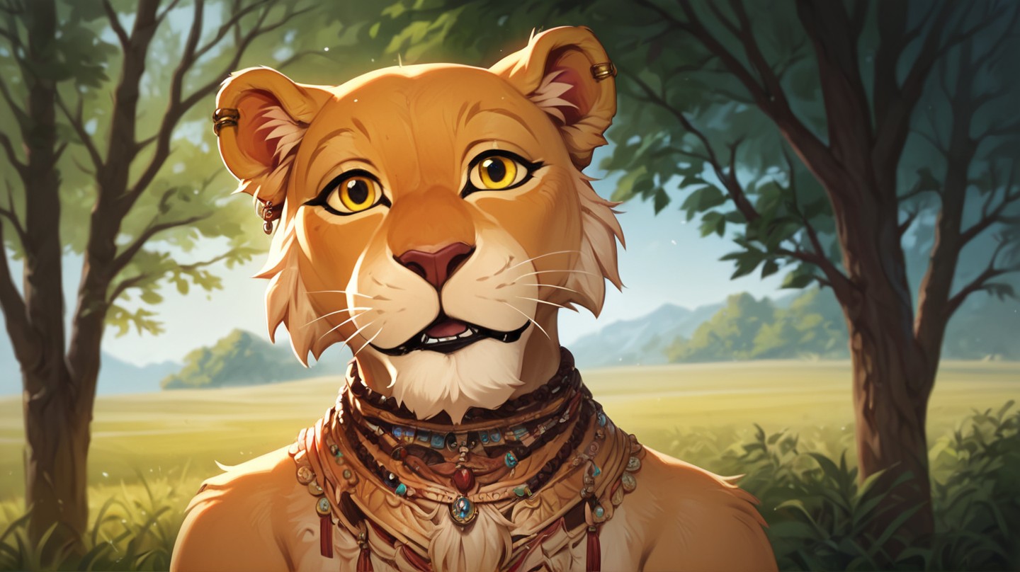 score_9,score_8,score_7,source_furry,
<solo:2.5>,
<1girl:1.5>,
cleo_between_lions,lion, lion girl,
solo, looking at viewer, jewelry, yellow eyes, outdoors, day, necklace, tree, no humans, animal, nature, animal focus,
realism,puppet,
 <lora:cleo_between_the_lions:1> cleo_between_lions
