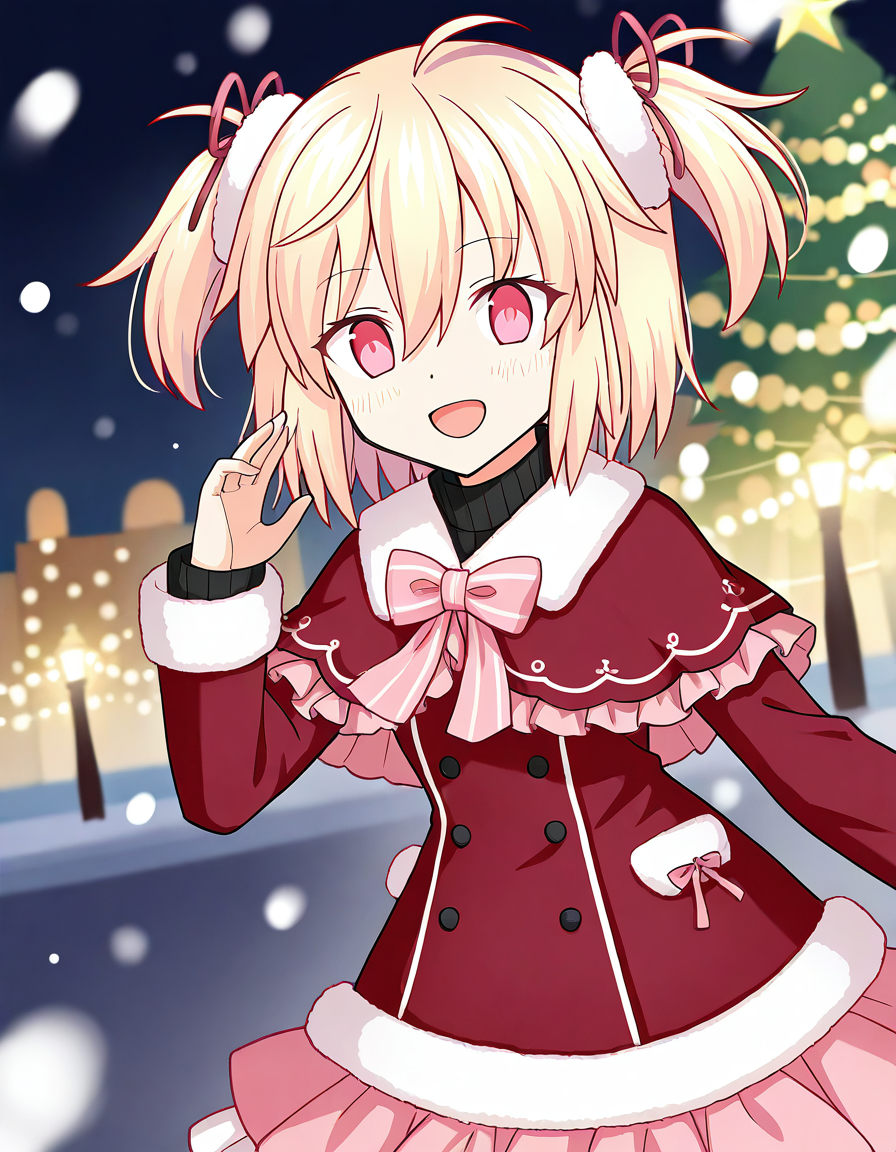 masterpiece, best quality, newest, absurdres, highres, safe, 1girl, ayano rika \(winter costume\), magia record: mahou shoujo madoka magica gaiden, smile, solo, snowing, outdoors, dutch angle, <lora:ayano_rika_noobaiXLNAIXL_vPred10Version:0.7>