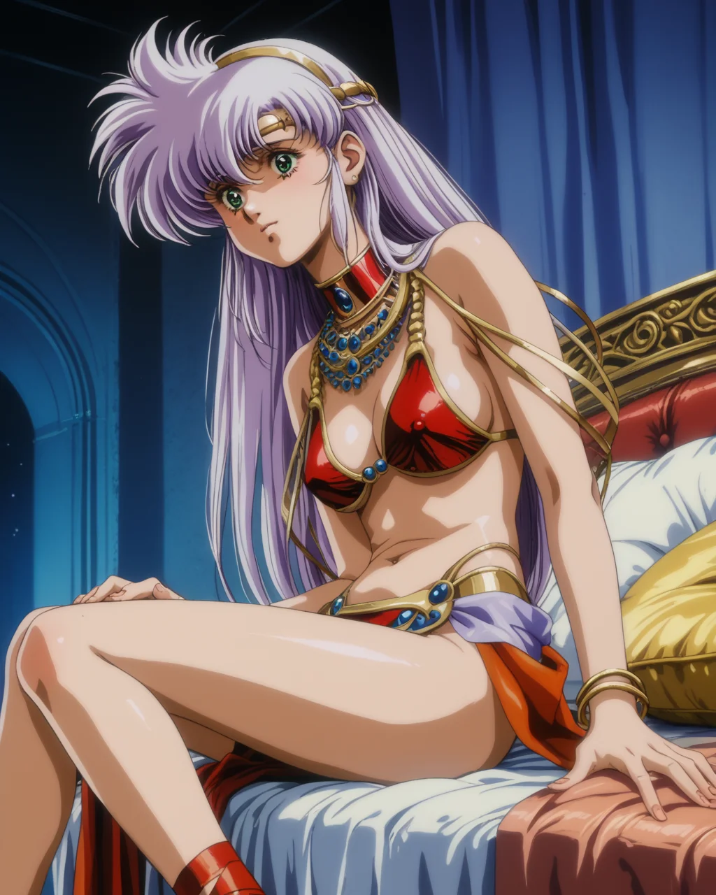 score_9, score_8_up, score_7_up,1girl,  solo,   lemnear_sg, 1girl, solo, lavender hair, bangs, long hair, hair down, gold headband, green eyes, red choker with gold trim, red cloth bikini top with gold shoulder loops, gold thong with gold loops, red pelvic curtain, midriff, navel, gold bracelets, wrapped footwear, bare feet, official art, midriff, navel <lora:10_Lemnear_pdxl:1>,indoors, sitting, cushions, dark room, harem, upper body