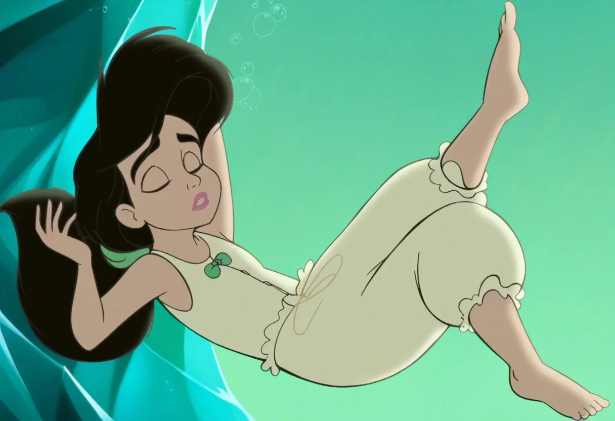 MelodyLM, melody, 1girl, solo, closed eyes, black hair, ponytail, thick eyebrows, human, white undershirt, white pantalettes, sleeveless, green bowtie, green hairband, barefoot, aqua background, green background, pink lips, lipstick, makeup, (open mouth:0.5), puckered lips, air bubble, bubble, cave, floating, floating hair, ice, underwater, (blowing bubbles), female focus, full body, falling unconscious, sinking, limp, sleeping, arms straight, arms up, legs straight, legs up, falling