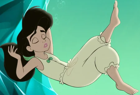 MelodyLM, melody, 1girl, solo, closed eyes, black hair, ponytail, thick eyebrows, human, white undershirt, white pantalettes, sleeveless, green bowtie, green hairband, barefoot, aqua background, green background, pink lips, lipstick, makeup, (open mouth:0.5), puckered lips, air bubble, bubble, cave, floating, floating hair, ice, underwater, (blowing bubbles), female focus, full body, falling unconscious, sinking, limp, sleeping, arms straight, arms up, legs straight, legs up, falling