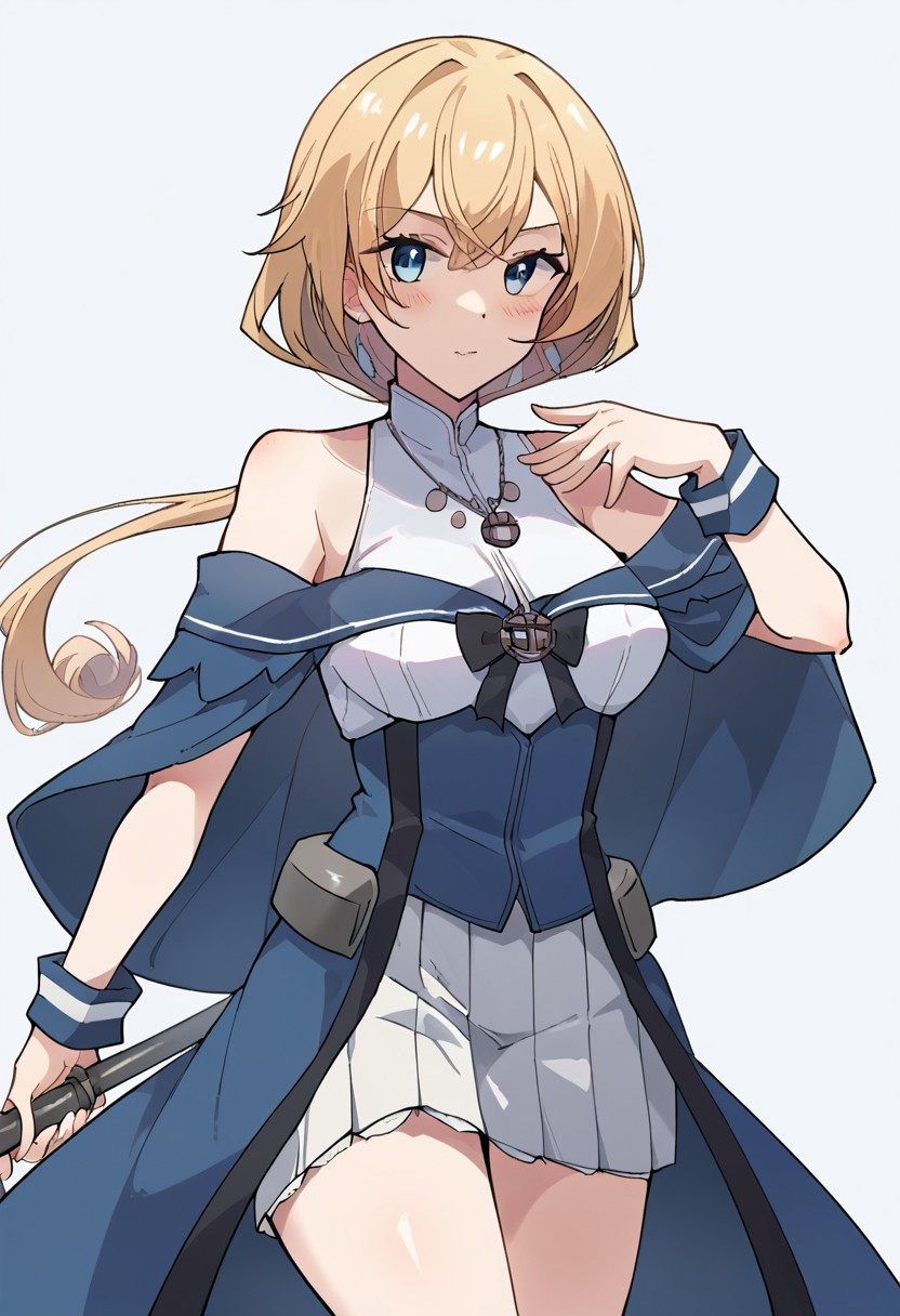 score_9, score_8, score_7, source_anime, valiant (kancolle), blush, holding scepter, ponytail, standing, sleeveless, pleated skirt, zettai ryouiki, hand on own chest, blue dress, cleavage