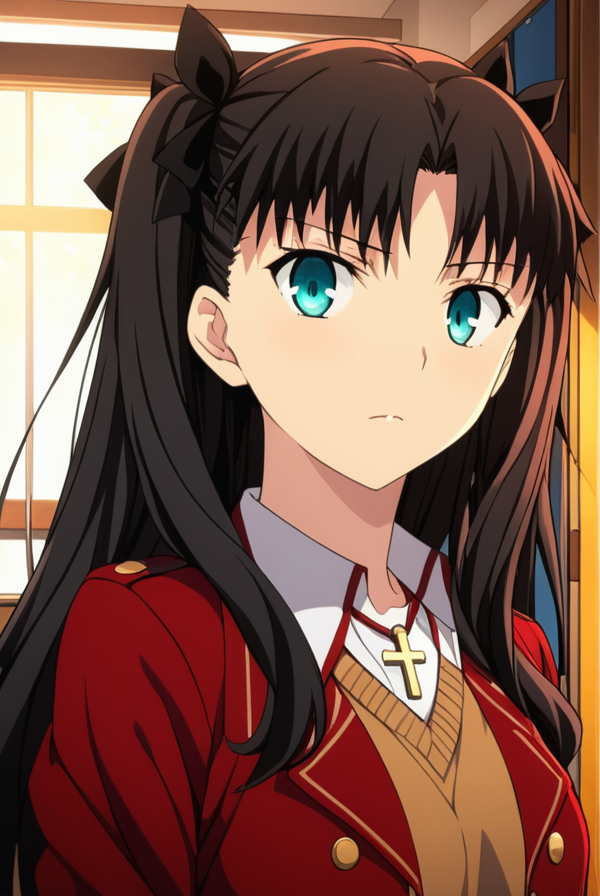 masterpiece, best quality, highres, 4k, 8k, intricate detail, cinematic lighting, amazing quality, amazing shading, soft lighting, Detailed Illustration, anime style,
rintohsaka, <lora:rin_tohsaka_ubw-sdxl-lora-nochekaiser:0.75>, 
indoors, classroom, 
looking at viewer, cowboy shot,
BREAK rin tohsaka, aqua eyes, black hair, hair ribbon, long hair, ribbon, sidelocks, two side up, parted bangs,
skirt, jewelry, jacket, belt, necklace, uniform, cross, red jacket, pencil skirt, cross necklace, red skirt, black shirt, turtleneck, cropped jacket,
