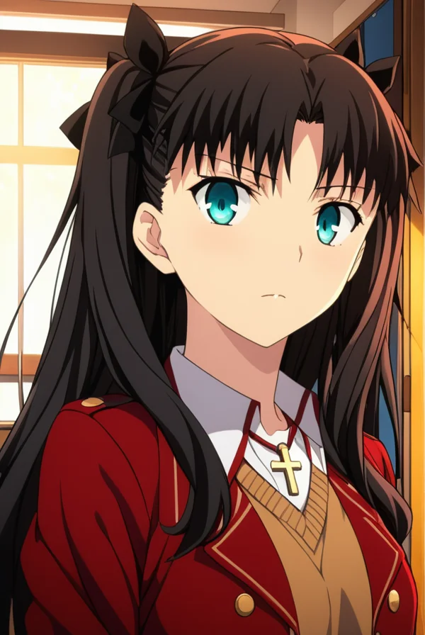 masterpiece, best quality, highres, 4k, 8k, intricate detail, cinematic lighting, amazing quality, amazing shading, soft lighting, Detailed Illustration, anime style,
rintohsaka, <lora:rin_tohsaka_ubw-sdxl-lora-nochekaiser:0.75>,
indoors, classroom,
looking at viewer, cowboy shot,
BREAK rin tohsaka, aqua eyes, black hair, hair ribbon, long hair, ribbon, sidelocks, two side up, parted bangs,
skirt, jewelry, jacket, belt, necklace, uniform, cross, red jacket, pencil skirt, cross necklace, red skirt, black shirt, turtleneck, cropped jacket,