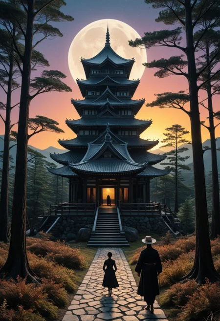 anime art, a breathtaking ultra-HD anime-style illustration of a electro_style, cowboy, masterpiece, best quality, newest, absurdres, highres, by an ancient japanese edo castle made out of fractangles, sunset, ink artwork, sharp color, fractangle sakura trees in the background, moon in background. The atmosphere is tranquil yet powerful, evoking a sense of nostalgia and wonder. Highly detailed character, precise silhouette, cinematic lighting, ultra-realistic textures, dreamy and immersive composition, masterpiece. sharp, ultra hd, 8k, 4k, artstation, (Fractangles), movie poster