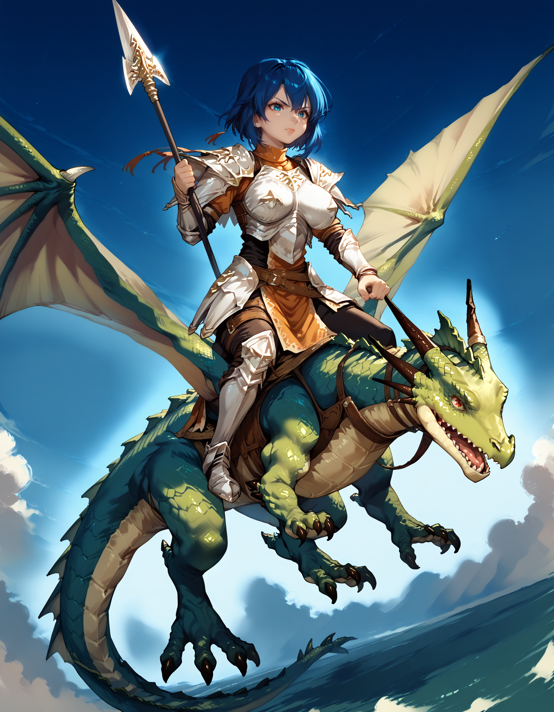 zPDXL3,<lora:Pony_DetailV2.0:1>,sky BREAK 1girl,1other,large breasts,
BREAK wyvern rider,dragon riding,dragon wings,knight,green dragon,polearm,holding polearm,holding weapon,flying,breastplate,fighting stance,serious,<lora:wyvern rider-pony-v31:0.9>,