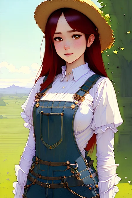 a painting of a farmer wearing overalls, red hair, straw hat evocative pose , Feminine , Detailed Pupils , smirk , Look at Viewer , Intricate , High Detail , sharp, art by onche_ondulay