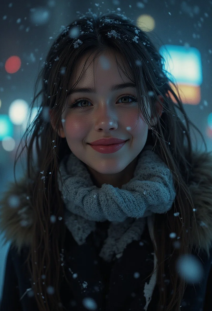 Midjourney style, Cinematic style, high fidelity, realism, chiaroscuro, play of shadow and light,
score_9, score_8_up, score_7_up, score_6_up, 1girl, , anne takamaki, twintails,  
 particles, snow, night, scarf, winter jacket, winter, gloves,  laughing, throwing snowball,