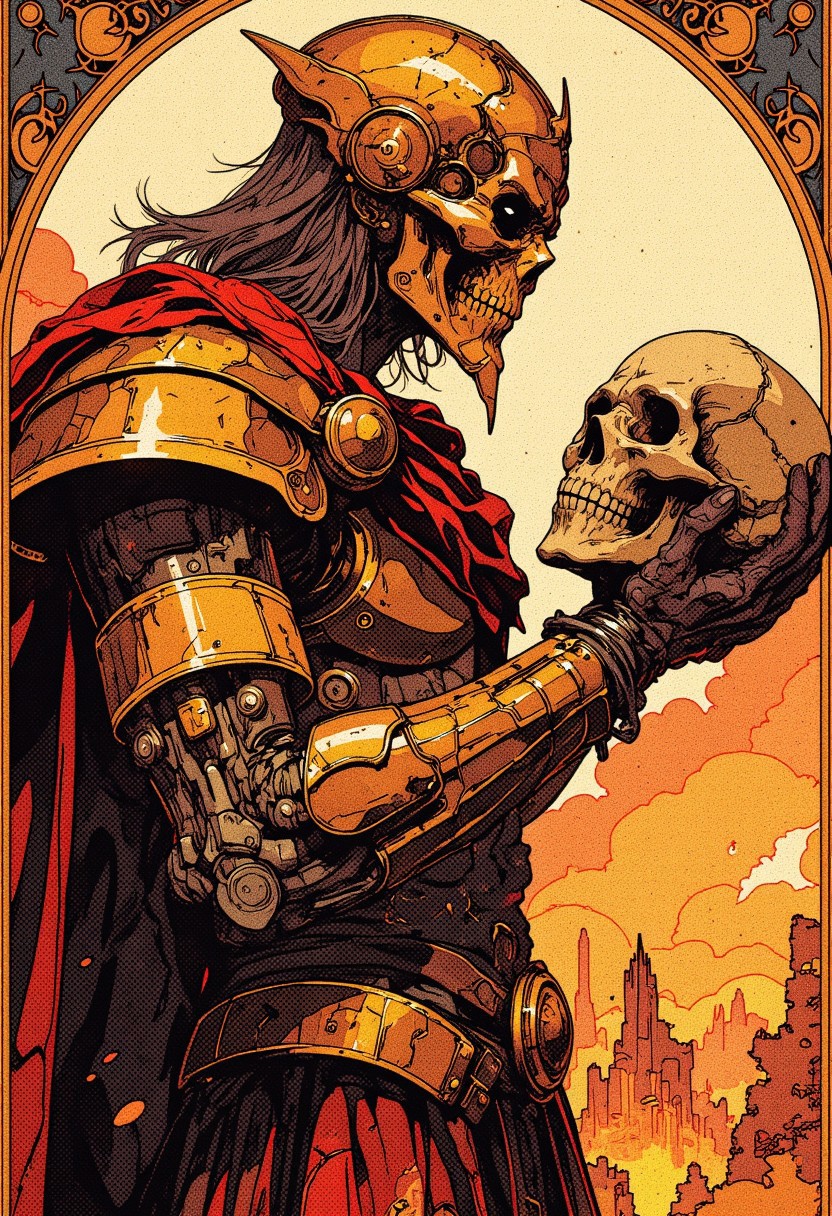 Flat colour ff-fbs style image, Slomesty, this image is a brutalist, high-contrast vision in deep bronze, scorched ochre, and pale ivory highlights, evoking the raw, unrelenting atmosphere of an ancient battlefield fused with modern technology. The Art Nouveau influences remain but are almost shattered, fractured into bold, jagged patterns that resemble cracks in sunbaked stone and splintered metal. The elongated, stylized gladiator is a towering warrior, his muscular frame wrapped in battle-worn plating that seems to have been pieced together from fallen titans. The golden engravings on his armor flicker with dying embers, the scars of countless fights etched into every plate. His face is obscured by a smooth, expressionless battle mask, the visor cracked yet unwavering, a testament to his resilience.
He hovers in mid-air, viewed from the side, his immense, scarred fingers gripping a battered, dirt-streaked severed skull before where his face should be. The skull’s hollow eyes glow faintly with a dying light, its cracked surface speaking of brutal battles fought long ago. It seems almost alive in his grasp, the remnants of some unholy technology swirling within the empty sockets, a strange connection to the chaotic battlefield that rages around him.