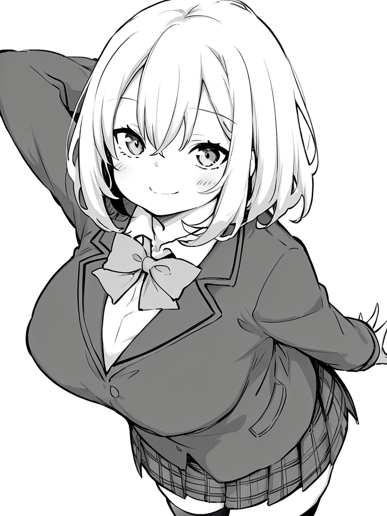 score_9, score_8_up, score_7_up,  
1girl, monochrome, yumeka ai, medium hair, large breasts, white hair,

standing, arm behind head, smile, closed mouth, looking at viewer, school uniform, blazer, bowtie, plaid skirt, thighhighs, white background, solo,