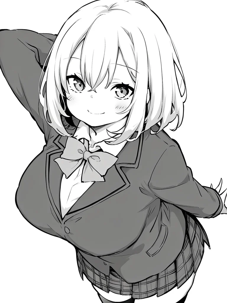 score_9, score_8_up, score_7_up,
1girl, monochrome, yumeka ai, medium hair, large breasts, white hair,
standing, arm behind head, smile, closed mouth, looking at viewer, school uniform, blazer, bowtie, plaid skirt, thighhighs, white background, solo,