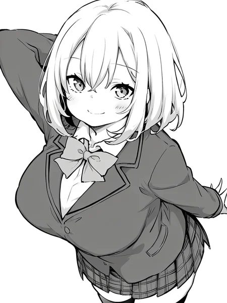 score_9, score_8_up, score_7_up,
1girl, monochrome, yumeka ai, medium hair, large breasts, white hair,
standing, arm behind head, smile, closed mouth, looking at viewer, school uniform, blazer, bowtie, plaid skirt, thighhighs, white background, solo,