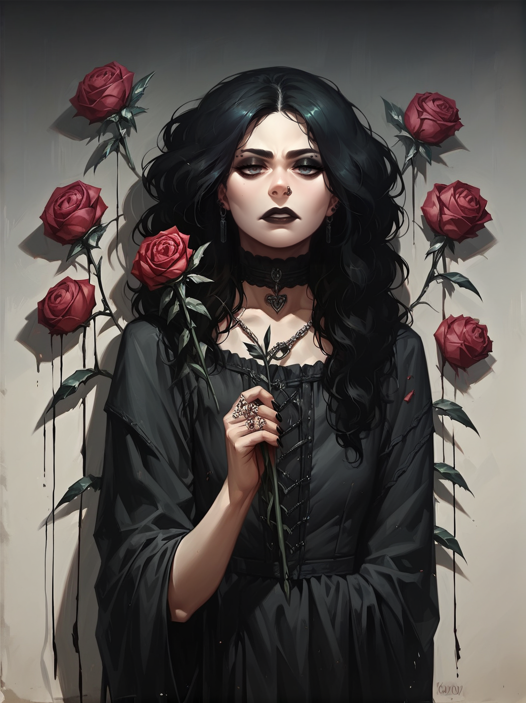 score_9. score_8_up, score_7_up, score_6_up, score_5_up, score_4_up, (plump:0.2), d4rk01l, gothic, 1girl, roses, <lora:d4rk01lXLP:0.8>