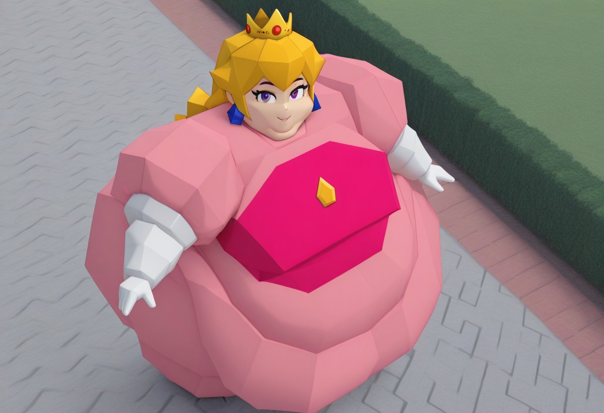 1girl, solo, smile, happy, slightly from above, front view, looking at viewer, outdoors, park, hedges, obese, ssbbw, double chin, Peach64, Long blonde hair with bangs and volume on the sides, Golden crown with red and blue jewels, Pink dress with a full skirt and a lighter-colored top, Short, puffed sleeves, Long, white gloves, Large blue earrings, Polygonal, low poly, lowres, 3D