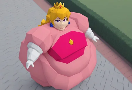 1girl, solo, smile, happy, slightly from above, front view, looking at viewer, outdoors, park, hedges, obese, ssbbw, double chin, Peach64, Long blonde hair with bangs and volume on the sides, Golden crown with red and blue jewels, Pink dress with a full skirt and a lighter-colored top, Short, puffed sleeves, Long, white gloves, Large blue earrings, Polygonal, low poly, lowres, 3D
