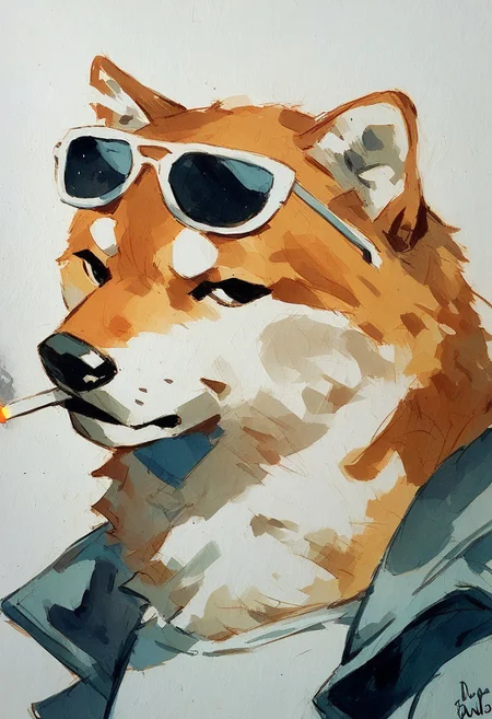 score_9, score_8_up, score_7_up, score_6_up, watercolor painting, shiba inu dog, (shiba),sunglasses, smoking cigarette