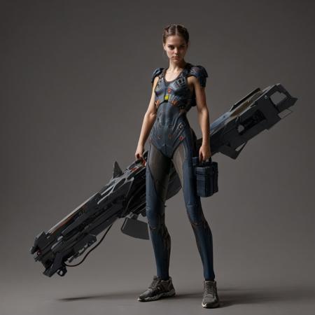 score_9, score_8_up, score_7_up, rating_safe, concept art, semi-realistic, 1girl, solo, Sci-fi.
Young beautiful face, fit body, 
HHWeapon, Holding weapon, ((Huge weapon)),
Holding weapon with two hands.
Rail Gun.
Simple background.