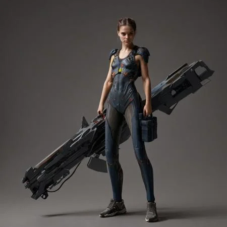 score_9, score_8_up, score_7_up, rating_safe, concept art, semi-realistic, 1girl, solo, Sci-fi.
Young beautiful face, fit body,
HHWeapon, Holding weapon, ((Huge weapon)),
Holding weapon with two hands.
Rail Gun.
Simple background.