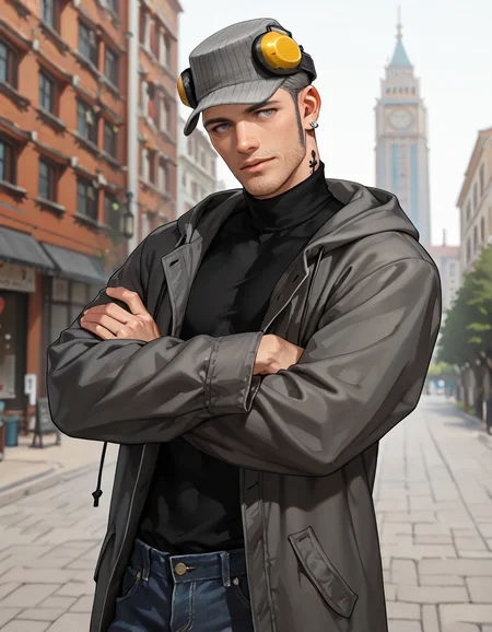 masterpiece, best quality, absurdres, newest, perfect quality, best quality, absolutely eye-catching, detailed background, intricate details, male focus, realistic, solo, <lora:Persona 5 - Munehisa Iwai - Illustrious 2_1-000006:0.7>, m_iwai, 1boy, mature male, grey hair, very short hair, grey eyes, long sideburns, stubble, neck tattoo, earrings, pinstripe hat, ear protection, grey long coat, black turtleneck, hood down, jeans, black boots, head tilt, come hither, looking at viewer, outdoors, city, trees, three quarter view, head tilt, standing, crossed arms, upper body