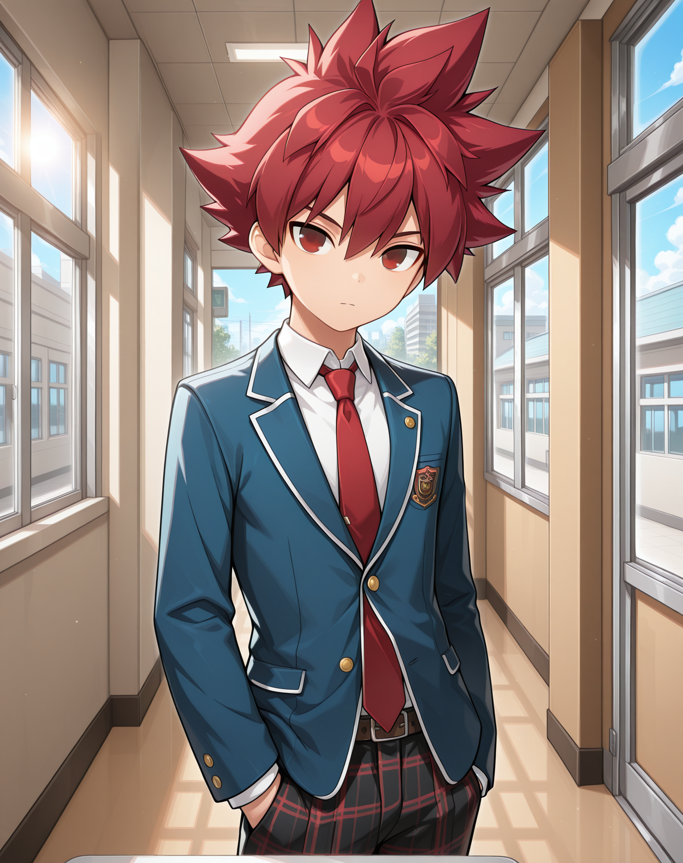 masterpiece,best quality,amazing quality, newest, very aesthetic, absurdres,
1boy, solo, yaoi, male focus, looking at viewer, cowboy shot,
<lora:Elsword_Base_ilxl:1> elswordbase, red eyes, spiked hair, red hair,
school uniform, white shirt, collared shirt, blue jacket, red necktie, black pants, plaid pants,
indoors, school, hallway, window, day, sun,
