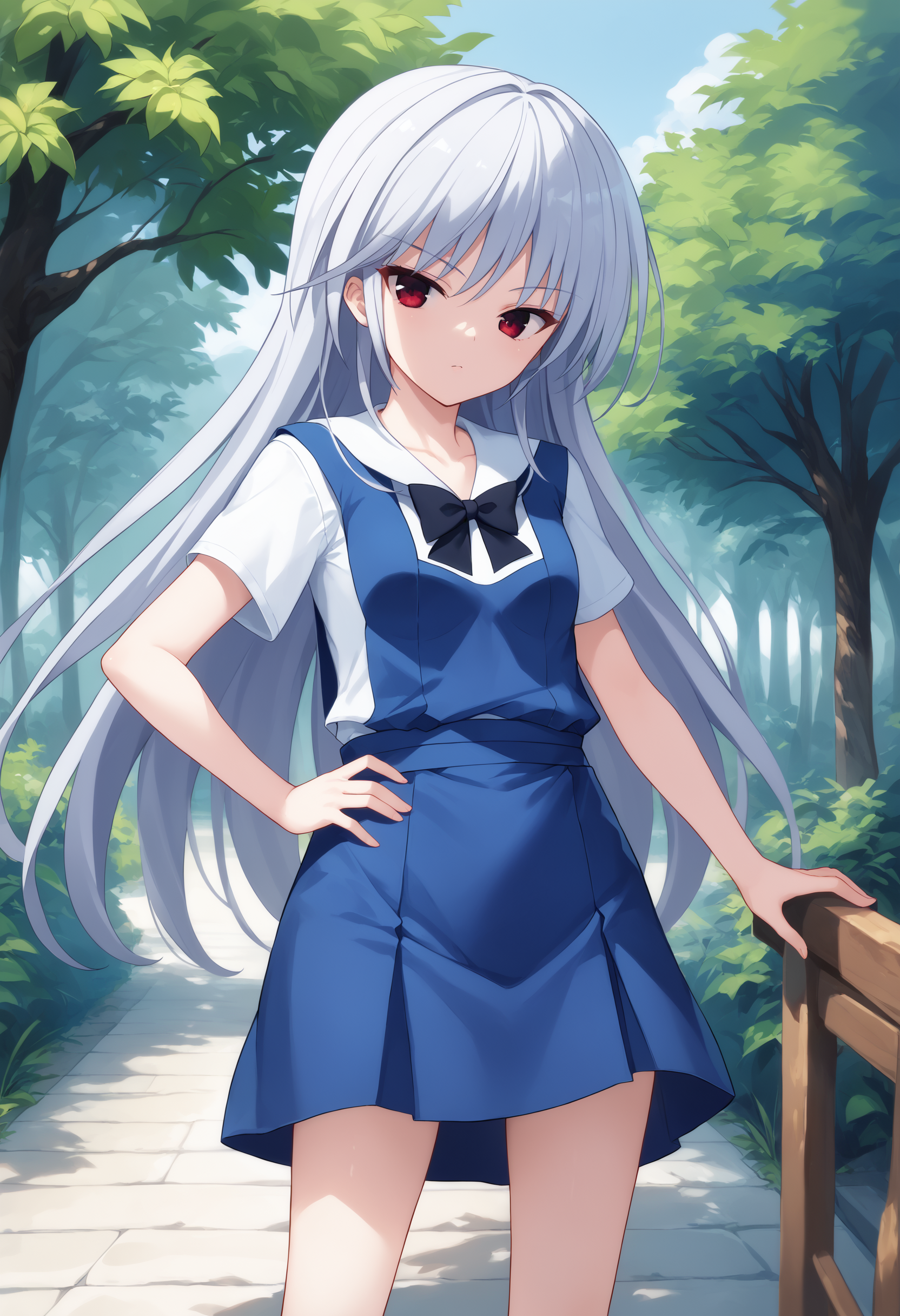 score_9, score_7_up, 1girl, solo,    kzk, silver hair, long hair, red eyes, shirt, white sailor collar,  blue pinafore dress,  black bowtie, outdoors,  hand on hip, looking at viewer,    <lora:Kazuki FF 5-000008:1>