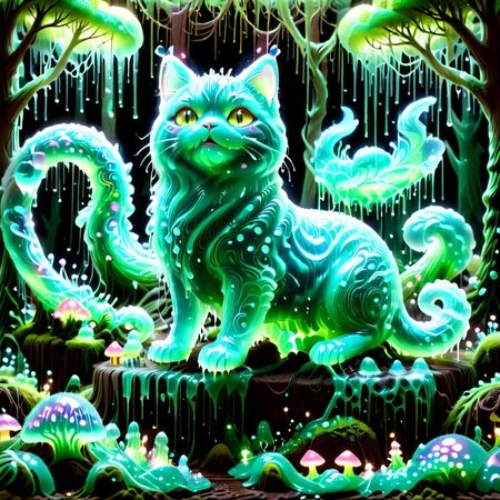 embedding:lazympos a majestic glowing cat with translucent slime fur, perched on a slime-covered tree branch in a bioluminescent forest, glowing mushrooms made of slime, shimmering slime dewdrops, vibrant neon foliage, sl1m3d, slime-morph, saturated colors <lora:Slime_Morph_V4:1.0000000000000002> <lora:TrendCraft_The_Peoples_Style_Detailer-v2.1A-3_12_2025-SDXL:0.20000000000000004>