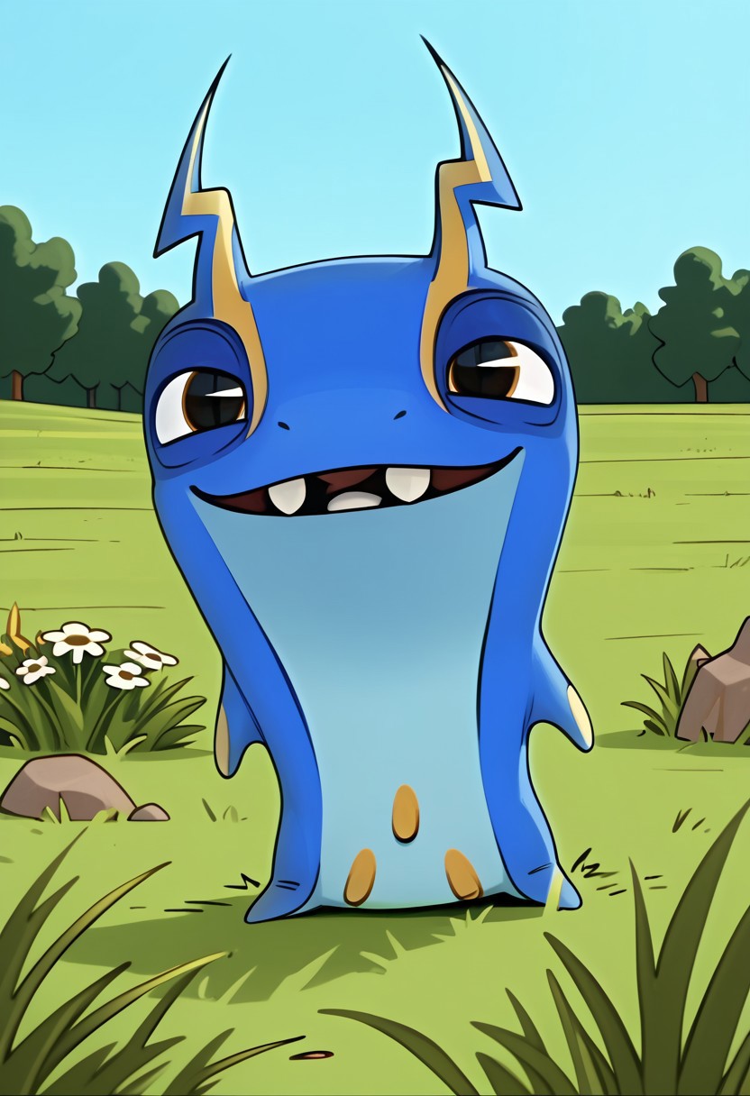 BREAK score_9, score_8_up, score_7_up, source_cartoon, joules_slug, slug, two-tone skin, light blue-blue, brown eyes, ray-shaped antennae, yellow rays, light blue chest, symbol on the stomach, grass, smile, (creativity:1.3), outdoors,
