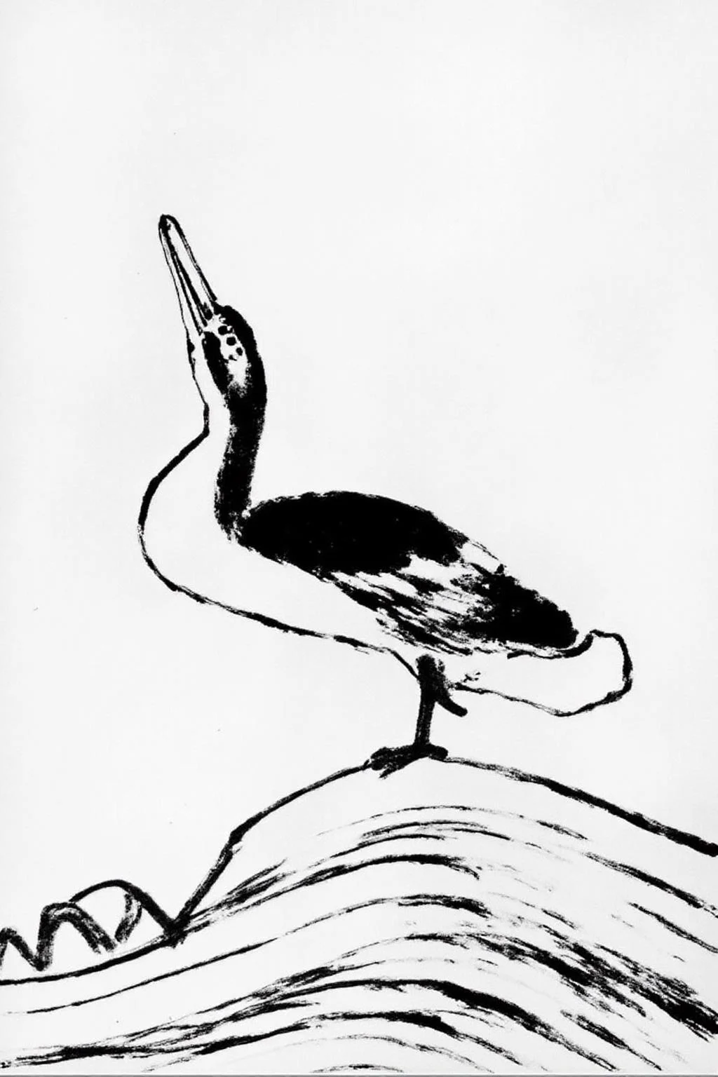 A black and white ink drawing, with a brush and ink on paper. It features a stylized wild duck, standing on a textured, wavy surface that appears to be a body of water or a riverbed. The duck's body is rendered with bold, expressive strokes, emphasizing its slender neck and elongated legs. The duck's head is turned slightly to the left, and its beak is pointed, giving it a distinctive, elegant appearance. The duck's feathers are depicted with a mix of solid and broken lines, creating a sense of movement and fluidity, typical of brushwork. <lora:qbs1_cap_d6a3e12:1.0><lora:818413736592169777:0>