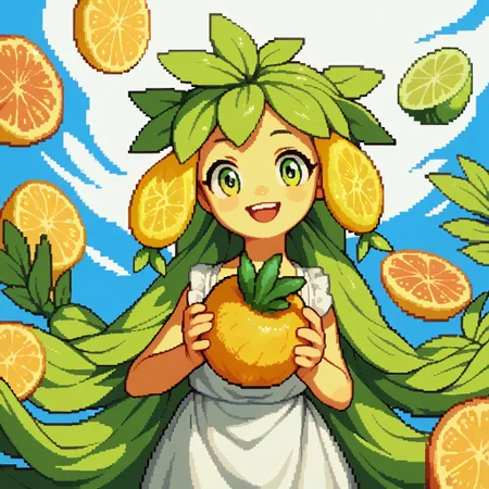 score_9, score_8_up, score_7_up BREAK Pixelstyle1, pineapple monster, big lemon eyes, fruit creature, solo, solo focus, smiling at viewer, cute, open mouth, smile,