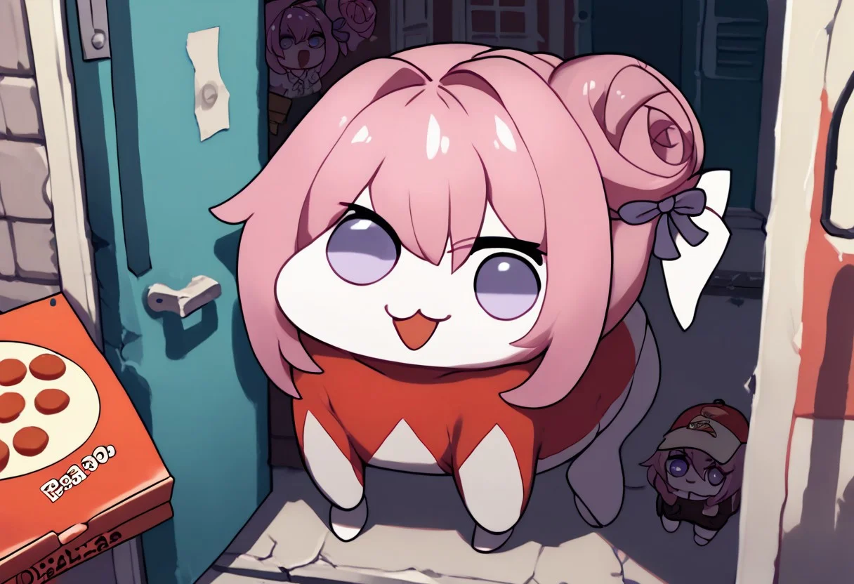 zPDXL2, score_9_up, score_8_up, score_7_up, (Anime_source), high detail face, best quality, absurd res, multiple girls, pizza box, pov, pizza delivery, doros, creatures, :3, open mouth, chibi, size differences, pink hair, purple eyes, hair bun, hair bow, no humans, white skin, solid circle eyes, no pupils,
Standing, looking at viewer,