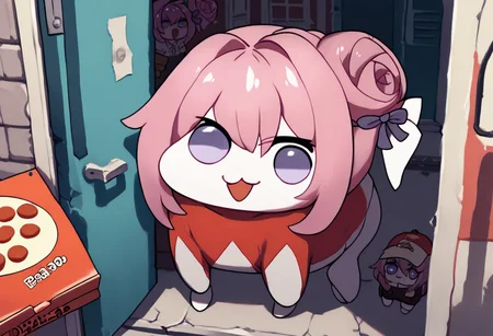 zPDXL2, score_9_up, score_8_up, score_7_up, (Anime_source), high detail face, best quality, absurd res, multiple girls, pizza box, pov, pizza delivery, doros, creatures, :3, open mouth, chibi, size differences, pink hair, purple eyes, hair bun, hair bow, no humans, white skin, solid circle eyes, no pupils,
Standing, looking at viewer,