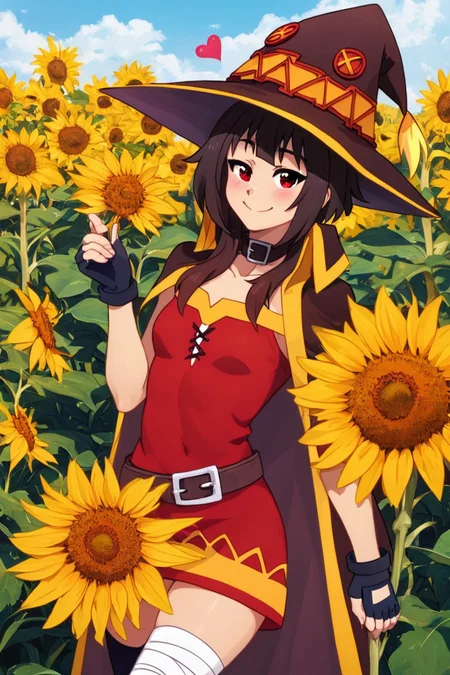 score_9, score_8_up, score_8, medium breasts, (curvy), cute, eyelashes, BREAK, , BREAK, <lora:konosuba-megumin-s2-ponyxl-lora-nochekaiser:0.7>, megumin, short hair, black hair, red eyes, short hair with long locks, thighhighs, gloves, hat, dress, black gloves, belt, black thighhighs, fingerless gloves, cape, collar, witch hat, bandages, red dress, single thighhigh, asymmetrical legwear, bandaged leg,, zzSunflower, upper body, outdoors, hand up, portrait, one eye covered, yellow flower, holding flower, <lora:Sunflower_PDXL_v2:0.8>, , BREAK, smile, looking at viewer, cowboy shot, embedding:zPDXL, Expressiveh, <lora:SDXLFaeTastic2400:0.5>, <lora:Expressive_H-000001:0.4>,