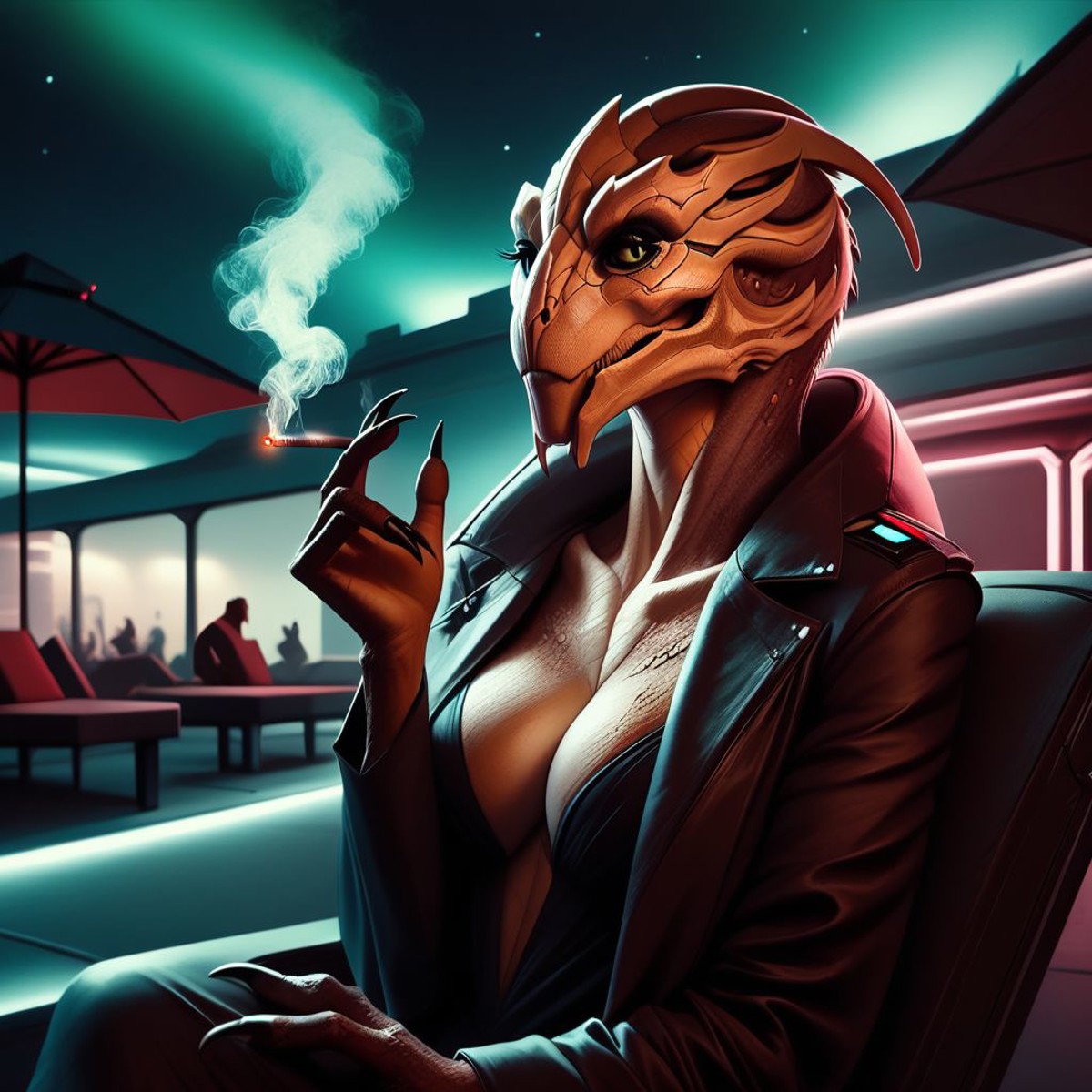 score_9, score_8_up, score_7_up, score_6_up, score_5_up, score_4_up, source_furry, BREAK
1girl, METurianF, 1girl, curvy alien woman, mature, thin, skinny,  confident, large breasts, executive,  smoking, happy, BREAK
outside, sitting on fancy spacecraft, dark night, cyberpunk city background,  neon signs, skyscrapers, nightclub, BREAK
highly detailed, highly detailed lifelike hyper realism style, photorealistic, insanely detailed, depth of field, masterpiece, Painstaking Attention To Details, realistic, photo