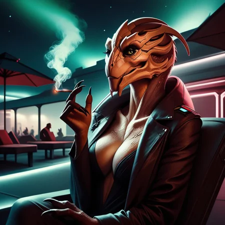 score_9, score_8_up, score_7_up, score_6_up, score_5_up, score_4_up, source_furry, BREAK
1girl, METurianF, 1girl, curvy alien woman, mature, thin, skinny,  confident, large breasts, executive,  smoking, happy, BREAK
outside, sitting on fancy spacecraft, dark night, cyberpunk city background,  neon signs, skyscrapers, nightclub, BREAK
highly detailed, highly detailed lifelike hyper realism style, photorealistic, insanely detailed, depth of field, masterpiece, Painstaking Attention To Details, realistic, photo