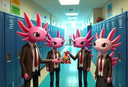 broken age of, A group of axolotls dressed in school uniforms are gathered around a locker in a high school hallway, passing around a bag of candy theyâve stolen from the teacherâs desk The hallway is brightly lit, with rows of lockers, motivational posters on the walls, and the distant sound of a bell signaling the start of class The axolotlsâ uniforms are slightly disheveled, with ties askew and shirts untucked, giving them a rebellious air Their expressions range from giddy excitement to nervous glances as they share the spoils, the candy wrappers crinkling loudly in the otherwise empty hallway, the axolotl has pink frilly gills and pink skin
