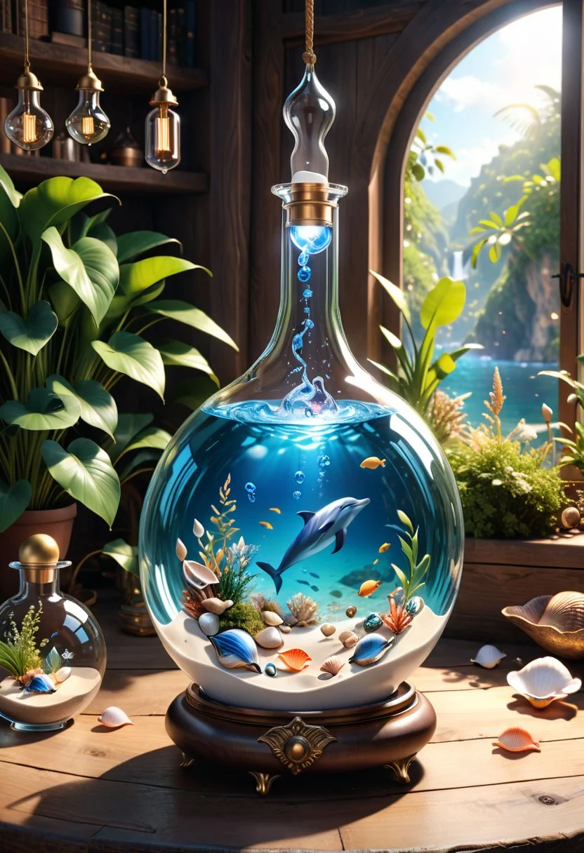 score_9, score_8_up, score_7_up, hyperrealistic, 8k, high qualit , hi res, best quality, high quality, absurd res, cinematic lighting, soft warm lighting,
(masterpiece), best quality, dolphin inside a magic glass ampoule, fantasy , pandora, shells, sand, vegetation ,ampoule on a rustic table