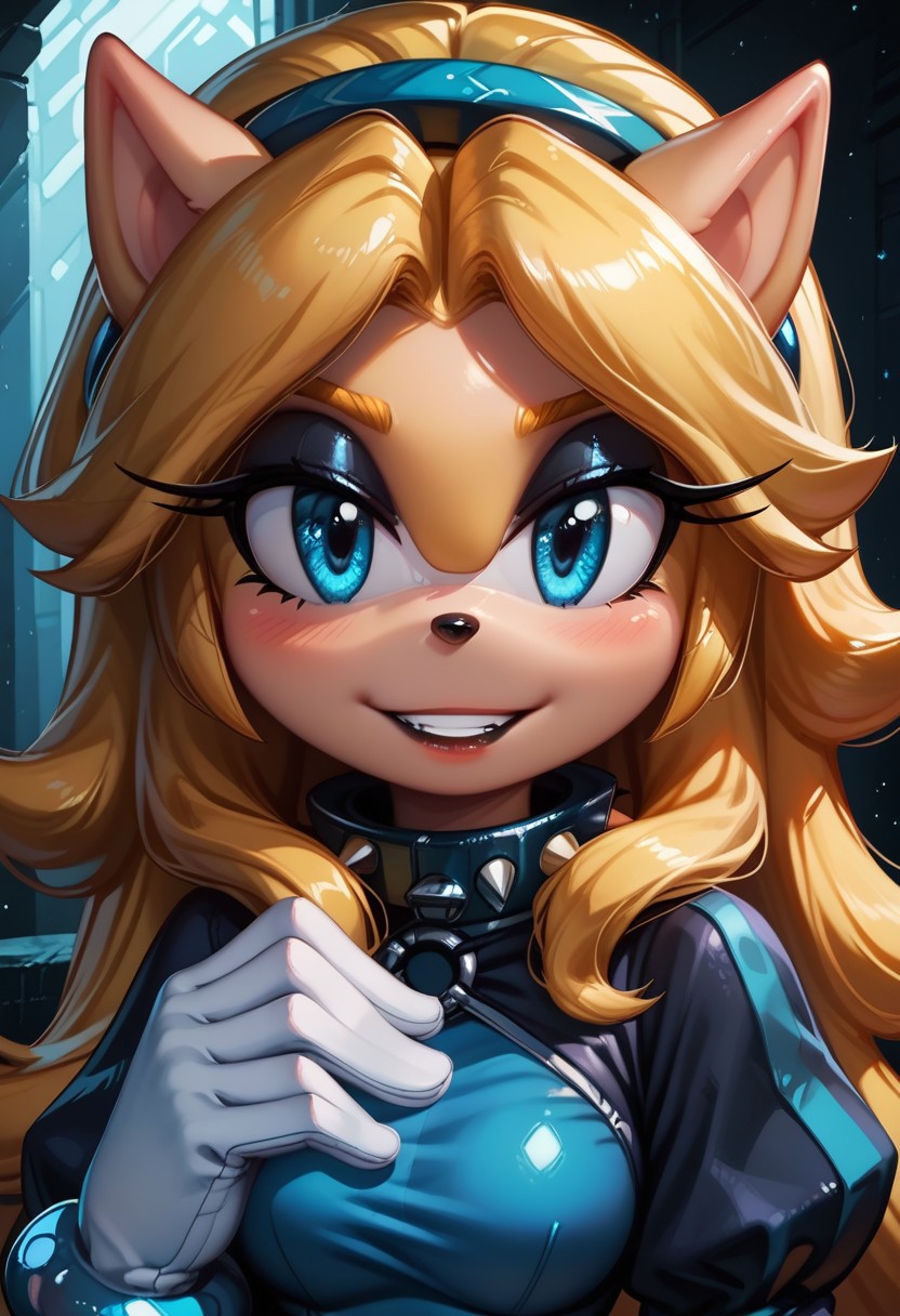 score_9, score_8_up, score_7_up, score_6_up, g0thicPXL, 1girl, 1girl, solo, goth girl, maria_robotnik, sonic_(series), hedgehog_girl, eyeliner, eyeshadow, blue eyes, long blond hair, hairband, black lips, seductive smile, pretty face, spiked collar, white_gloves, blue dress, puffy sleeves, medium skirt, shoes, blue foot wear, sexy pose, smile, grin, cute, sexy pose, lewd expression, wide hips, medium breasts, standing, biting one of her nails.