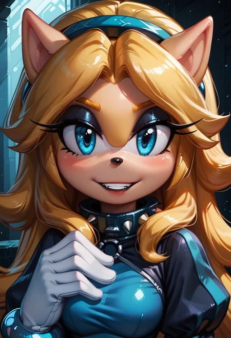 score_9, score_8_up, score_7_up, score_6_up, g0thicPXL, 1girl, 1girl, solo, goth girl, maria_robotnik, sonic_(series), hedgehog_girl, eyeliner, eyeshadow, blue eyes, long blond hair, hairband, black lips, seductive smile, pretty face, spiked collar, white_gloves, blue dress, puffy sleeves, medium skirt, shoes, blue foot wear, sexy pose, smile, grin, cute, sexy pose, lewd expression, wide hips, medium breasts, standing, biting one of her nails.