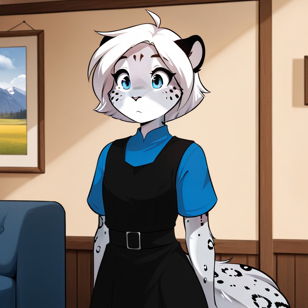 masterpiece, best quality, amazing quality, perfect face, maevetkil, anthro, female, snow_leopard, blue eyes, grey fur, forehead marking,  white hair, ahoge, short hair, black pinafore dress, blue shirt, short sleeves, standing, inside, solo, , <lora:e323ef13-22a8-44af-9d2c-6f3ba65f7316:0.7>