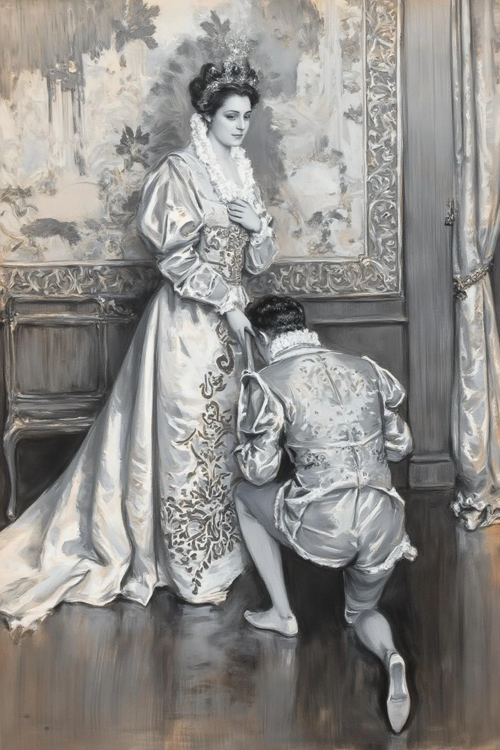 howardchandlerchristy1 illustration.
A man and a woman in elaborate historical costumes. On the left is a tall woman, her hair styled in an updo, wearing a long, ornate gown, with one hand on her chest. On the right is a man, his back to the viewer, kneeling before the woman and holding her hand. The background is a richly decorated palace interior with a large tapestry and an ornate chair. <lora:howardchandlerchristy1_d8a4e11:1.0><lora:865840936565925968:0>