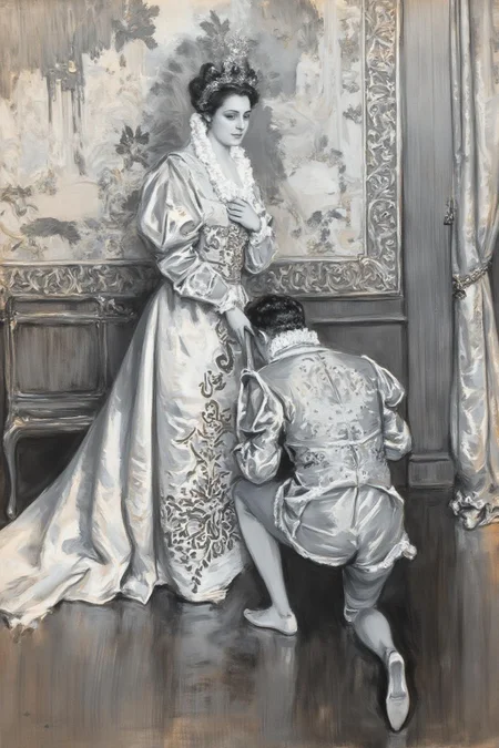 howardchandlerchristy1 illustration.
A man and a woman in elaborate historical costumes. On the left is a tall woman, her hair styled in an updo, wearing a long, ornate gown, with one hand on her chest. On the right is a man, his back to the viewer, kneeling before the woman and holding her hand. The background is a richly decorated palace interior with a large tapestry and an ornate chair. <lora:howardchandlerchristy1_d8a4e11:1.0><lora:865840936565925968:0>
