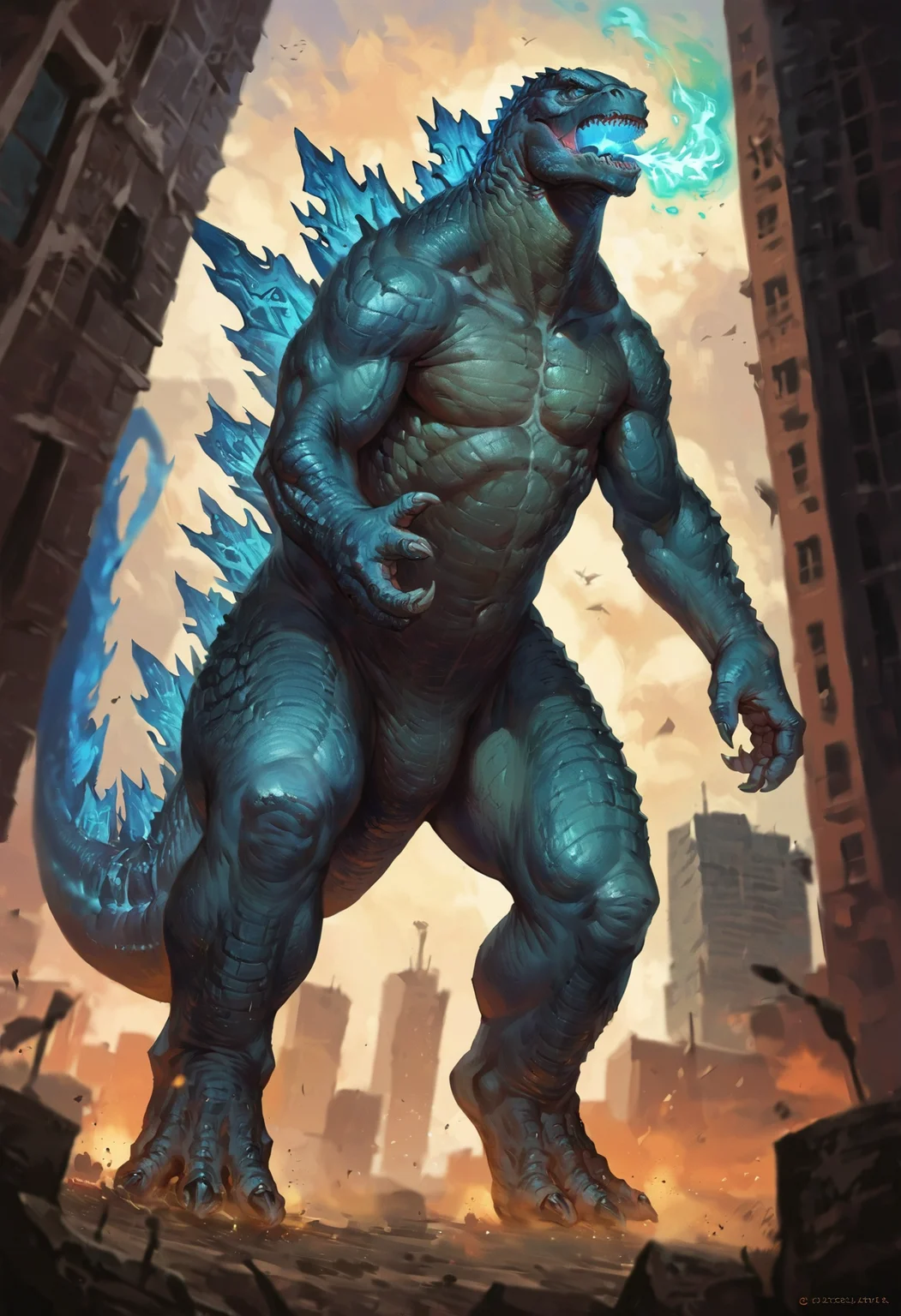 score_9, score_8_up, score_7_up, score_6_up, score_5_up, source_furry, kaiju, monster, low angle view, city background, blurred background, realistic, realism, digital painting, cinematic lighting, <lora:Godzilla_PONY_XL_Ver:0.8> godzilla, atomic breath, blue spines, glowing blue eyes, <lora:1dkXLP:0.8> 1dk, full-length portrait, <lora:GwentStyle_v2:0.4> gwentstyle, blue energy, <lora:HerrscherAGGA2024_TF_Style_V1:0.2> TF_Style,
