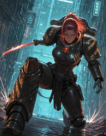 masterpiece, best quality,high quality, newest, highres,8K,HDR,absurdres, dynamic angle, realistic, 1girl, IronW40k, power armor, red hair, katana, cybernetics, mechanical joints, neon lights, high-tech alien planet, rainy night, sci-fi armor, glowing circuits, combat stance, detailed background, depth of field, power pose, cybernetic enhancements, foreshortening, limited palette, dynamic pose, abstract composition, dramatic lighting, cinematic shot, energy sparks., detailed background, dynamic pose, dynamic composition,dutch angle, detailed backgroud,foreshortening,blurry edges <lora:ILLIronW40k:1>