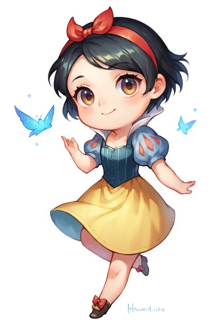 score_9, score_8_up, score_7_up, source_anime, highly detailed, 1girl, chibi:0.5, SnowWhiteXLP, black hair, short hair, red hairband, puffy sleeves, dress, yellow skirt, corset,  simple background, white background,  <lora:justduet_SDXLPONY_r70_768_dim32-a4-adamW-000009:0.6>,   <lora:SnowWhiteXLP_character:0.3>