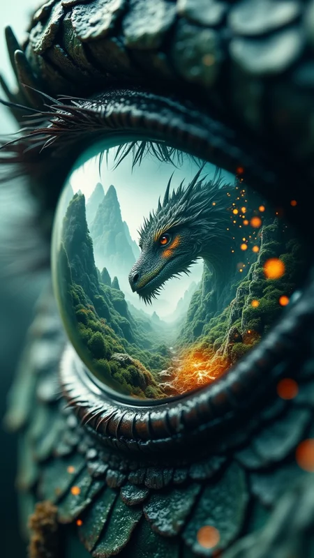A hyperrealistic close-up of a dragon's eye, featuring intricate scales with a glossy, textured surface resembling polished leather. Within the eye, a dramatic and mystical landscape is visible, showcasing a majestic dragon's face emerging from a misty forest. The background features jagged mountains shrouded in fog, illuminated by ethereal blue-green light and tiny glowing particles that mimic fireflies. The dragon's fur is fluffy and pale, contrasting with its dark, piercing amber eyes that exude wisdom and power. The overall color palette combines rich greens, deep blues, and warm golds, creating a sense of mystique and fantasy. The scene captures an enchanting blend of realism and fantasy elements, inviting viewers into an otherworldly realm. bo-exposure, double exposure,