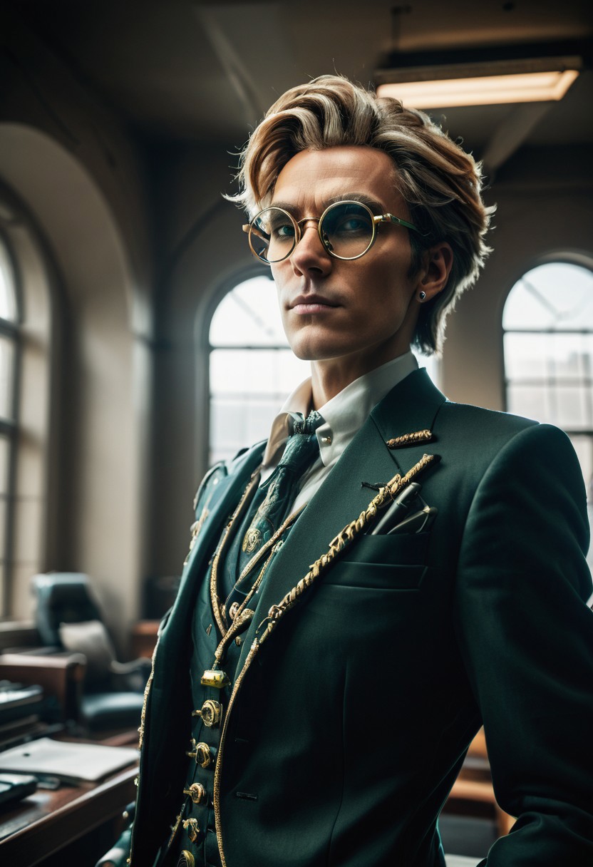 sfw, score_9, score_8_up, score_7_up, cinematic photo, dramatic lighting, dynamic pose, portrait, androgynous cybermutant aristocrat with glasses and mussed hair, earth in the window
