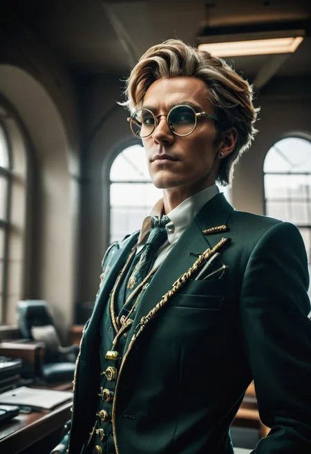 sfw, score_9, score_8_up, score_7_up, cinematic photo, dramatic lighting, dynamic pose, portrait, androgynous cybermutant aristocrat with glasses and mussed hair, earth in the window